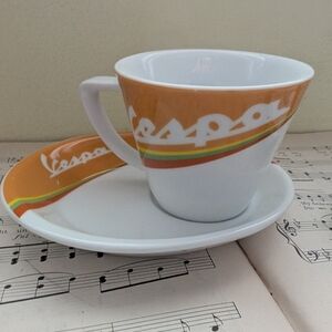 Vespa Orange and White Espresso Cup and Saucer Set Of 2